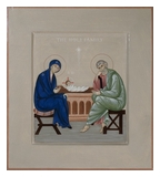 Icon of the Holy Family on a gray-umber background. 2014